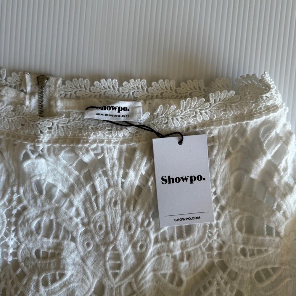 Showpo Kiss Me Softly White Lace Ruffle Mini Skirt US 12 NWT Coquette Boho Fairy - Picture 16 of 16